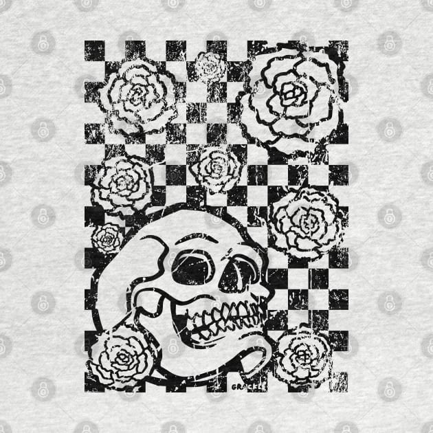 Skull and Roses Checkerboard (Distressed Version) by Jan Grackle